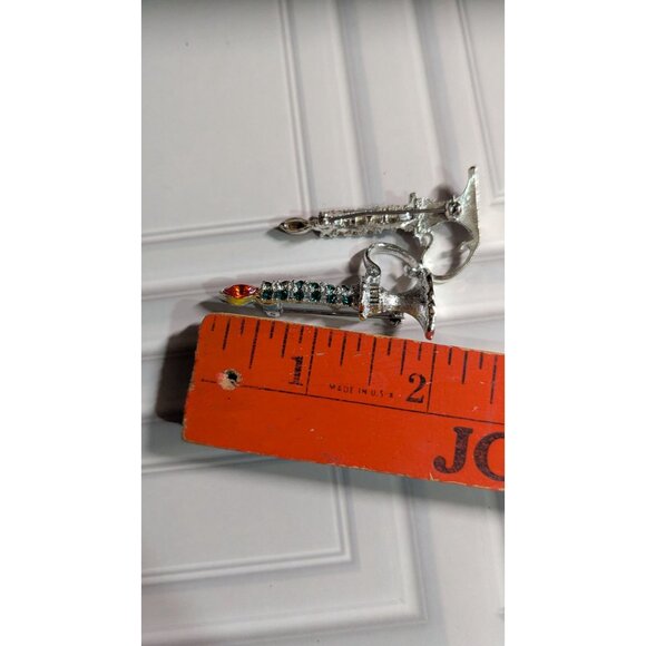 Silver Rhinestone Candlestick Brooch Set Red Flame Green Accents 2 Inches Vintag - Picture 7 of 7